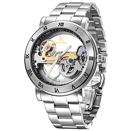 Alienwork IK Automatikuhr Armbanduhr Herren Damen Silber Edelstahl Metallarmband Skelett Glasboden