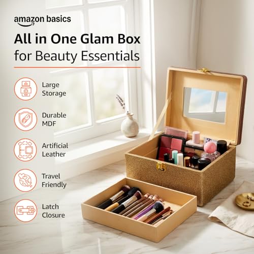 Image of Amazon Basics Bridal Vanity Box - Large Capacity Cosmetic Organizer for Women, Faux Leather & MDF Beauty Case for Makeup, Brushes, and Skincare - Stylish Travel & Home Storage, Golden