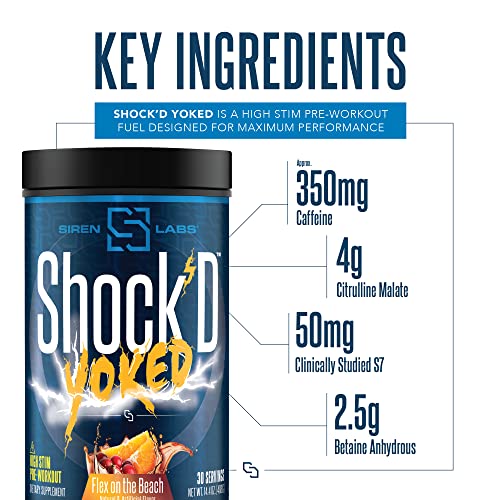 Image of SIRENLABS Shock'D Yoked High Stim Pre-Workout - Caffeine, Taurine, Citrulline Malate, Agmatine, Betaine Anhydrous-High Energy & Powerful Muscle Pumps-Nitric Oxide-Flex on The Beach (30 Servings)