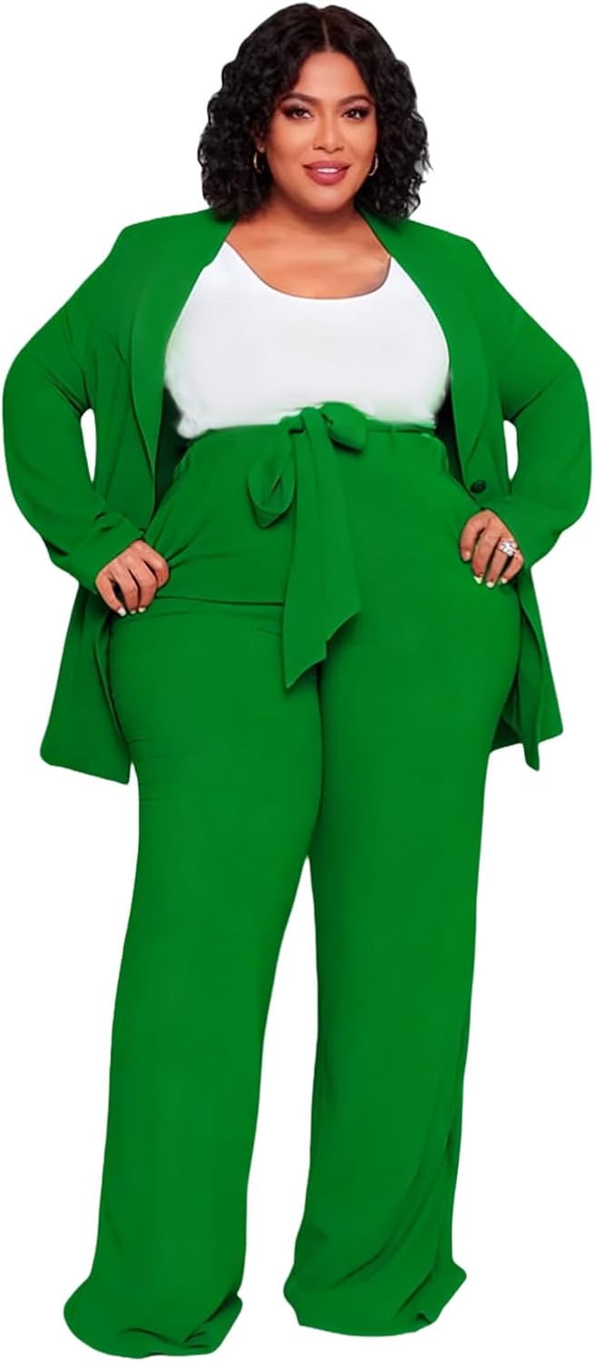 Plus Size Suits for Curvy Women Open Front Long Sleeve Blazer Elastic Waist Solid Straight Leg Pant Set Suits - Image 5