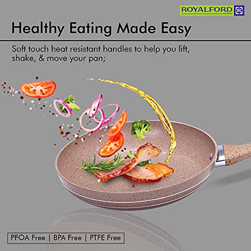 مقلاة سمارت 20 سم من رويال فورد، مقلاة من 5 طبقات من الجرانيت غير اللاصق، متوافقة مع مواقد متعددة، مقبض مقاوم للحرارة مع حلقة تعليق، مثالية للقلي والطبخ والقلي والمزيد، بيج، Rf9461Bge، 20 سم