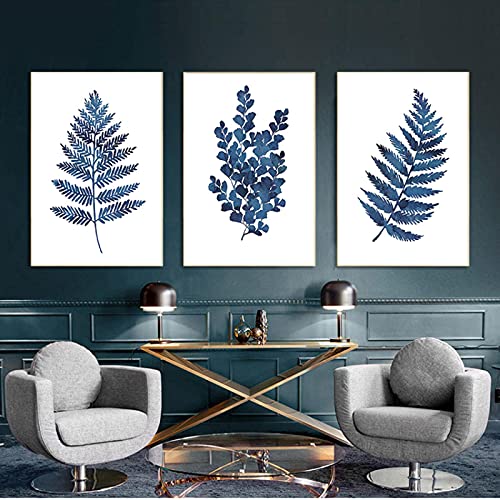 Toile Bleu Eucalyptus et Fougère Indigo | Ensemble de 3 Peintures Murales Botaniques 50X70cm