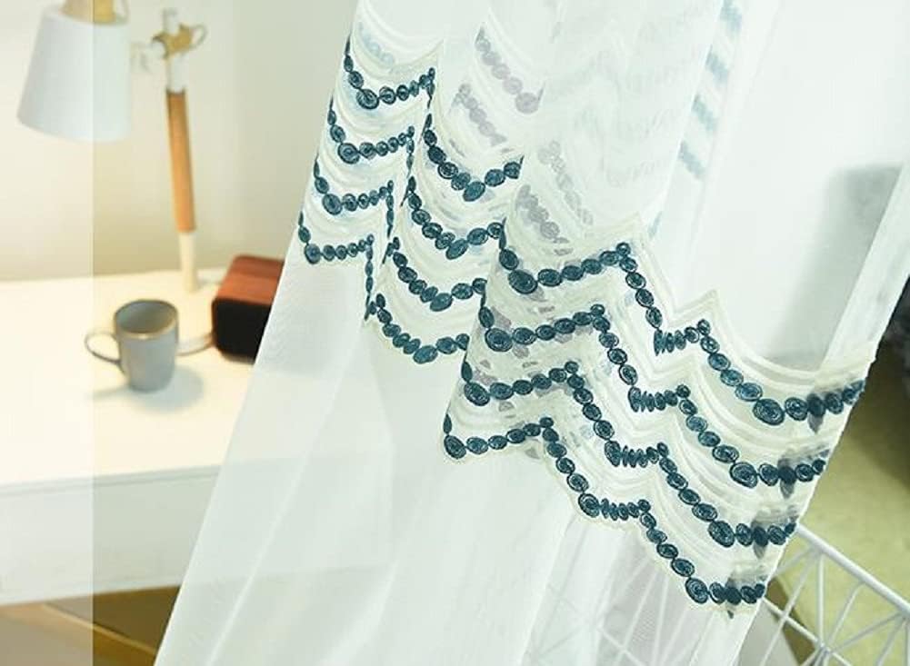 HooHero Blue 100 Width Sheer Curtains Window Treatments Window Natural European Curtain Geometry Stripe Embroidered for Nursery Kids Room Bedroom