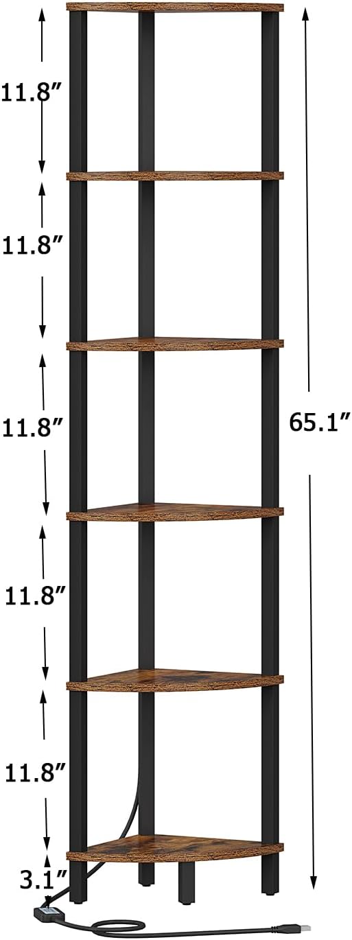 vimber 6-tier corner shelf with led light, industrial corner ladder shelf, rustic display shelf for living room, bedroom, kitchen, home office, sturdy frame, rustic brown and black ujsj002f 6-tier with led rustic brown and black