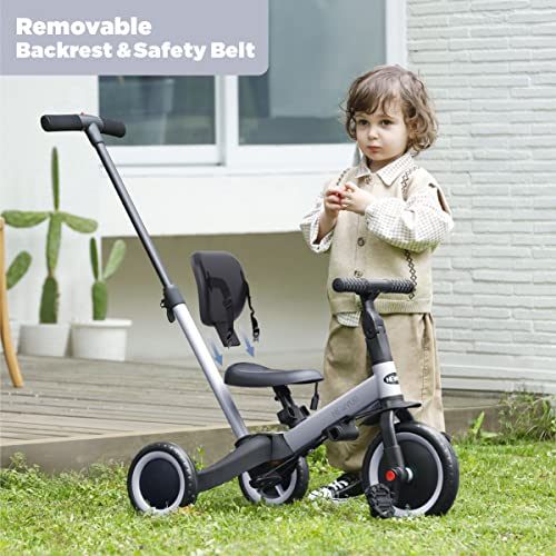 Newyoo Toddler Tricycle For 1-3 Year Olds, Toddler Bike, Perfect Birthday & Christmas Gifts For Boys, Tricycle With Push Handle, Backrest & Safety Belt, Transform To Balance Bike, Tr007, Grey #TOP6