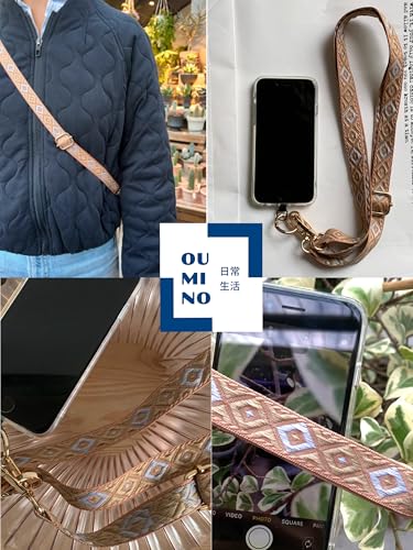 [Oumino] スマホストラップ ショルダー 携帯ストラップ スマホ iPhone 対応 バッグ ショルダーストラップ エスニック ポーチ 肩掛け 調節可能 約62.5～120.5cm 極太 カメラ ネックストラップ 首掛け おしゃれ アウトドア 落下防止（カーキ）
