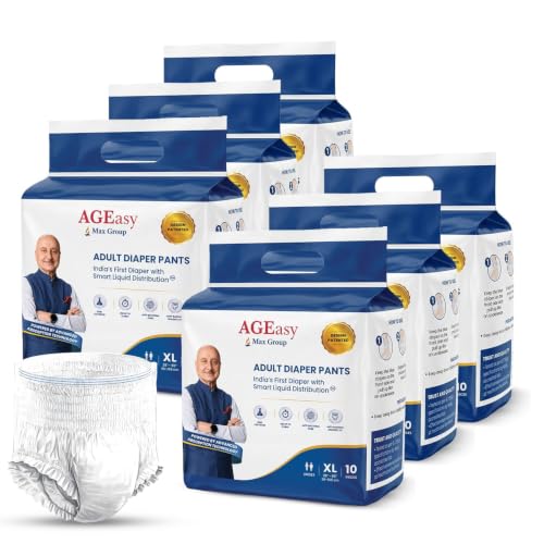 Image of AGEasy (Max Group) Unisex Adult Diapers Pants | XL (Waist 38-65 inches) | 10 Units | 12-Hours of Dryness & Comfort | Gel-Lock Absorption | Anti-Sag, Antibacterial Hygiene | Invisible Wear, Odor Control