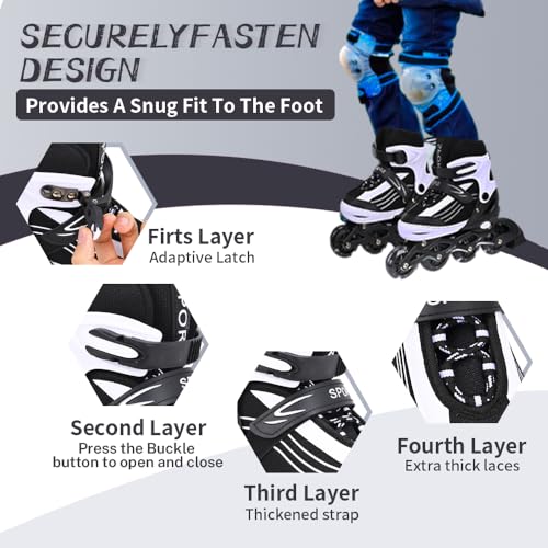 Miniatura 6 de Mgyzm Patines En Línea Para Niños, Patines En Línea Ajustables En Tamaño Para Niños, Patines En Línea Para Niñas Y Niños Adultos, Patines Para Interiores Y Exteriores, Blanco Y Negro Mediano
