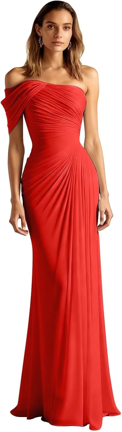RYANTH One Shoulder Chiffon Bridesmaid Dresses for Women Mermaid Long Prom Dress Pleated Bodycon Formal Evening Gowns