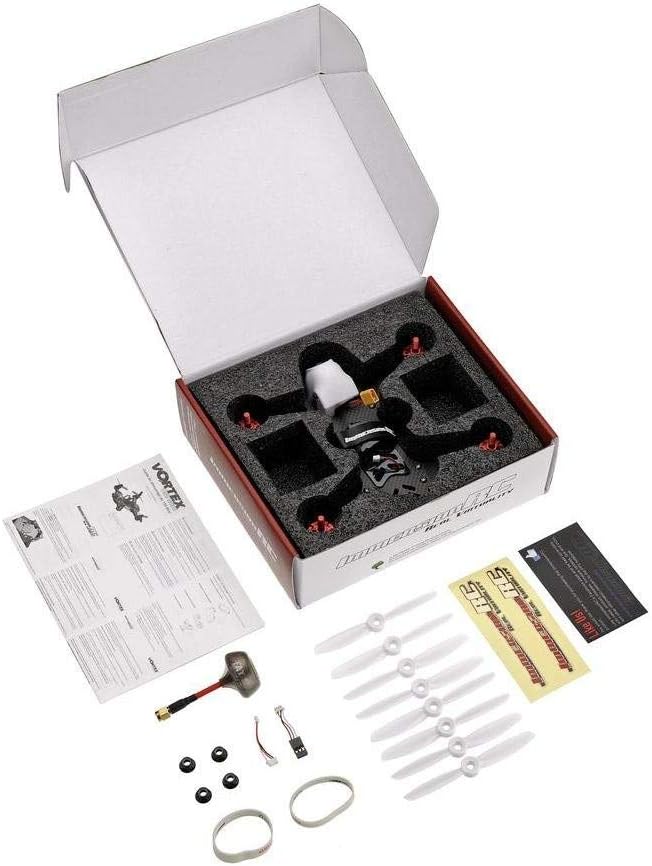 Contents of the ImmersionRC Vortex 180 Racing Quadcopter Drone box, including the drone, propellers, and manual.