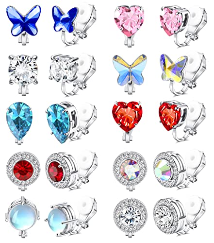 Loyallook 10Pairs Clip On Earrings For Women Butterfly Crystal Heart Moonstone Cubic Zirconia Non Pierced Clip Earrings Set Rubber Pads Vibrant Color Birthstone Fake Earrings Silver Tone #TOP15