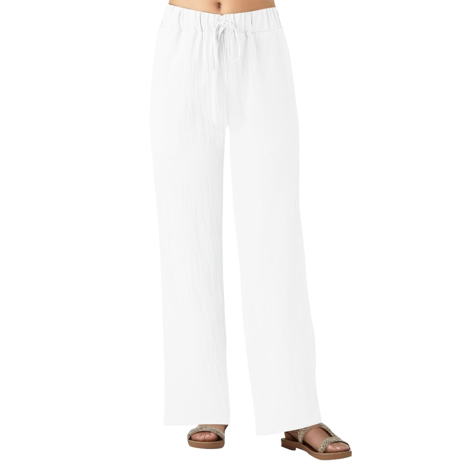 Women's A#White Linen Trousers Uk Summer Drawstring Elastic Waist Pants Straight Leg Linen Trouser Casual Lightweight Baggy Trousers Comfy Lounge Pants White M
