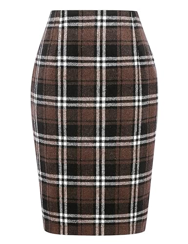 IDEALSANXUN Plaid Pencil Skirts for Women Fall Winter High Waisted Bodycon Midi Wool Knee Length Skirt with Slit(Coffee, L)