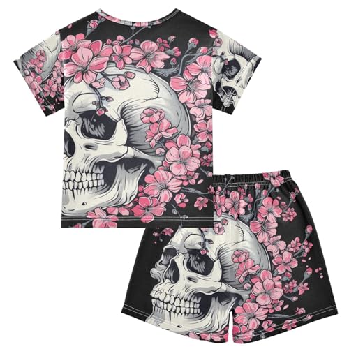 ALAZA Skull and Cherry Flowers Pajama Set Short Sleeve Sleepwear Soft Lounge Nightwear2
