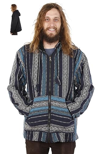 Sunshine Joy Reversible Fleece Lined Woven Baja Style Zip Up Hoodie Hooded Jacket - Navy Stripe2