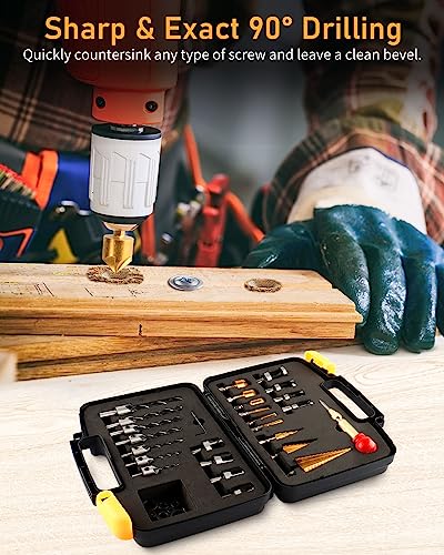 ZORUNNA 34 Pcs Woodworking Chamfer Drilling Tools Including 6 Countersink Drill Bit Set, 7 Counter Sink Bit, 8 Plug Cutters for Woodworking, 3 Step Drill Bit and 8 Drill Stop Collar Set.