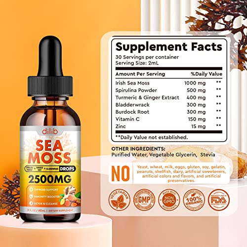 Irish Sea Moss Liquid Drops: 2000Mg, Organic Bladderwrack, And Burdock Root, Spirulina, Thyroid Support, Support For Digestion And Skin, Joint Health, Herbal Supplements-2 Fl Oz Turmeric & Ginger #TOP3