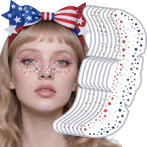 4th of July Outfits for Women - 8 Pack Red White and Blue Freckles Patriotic Face Tattoos for Fourth of July Decorations | 4th of July Accessories Shirts for 250 Anniversary Party Favors Supplies