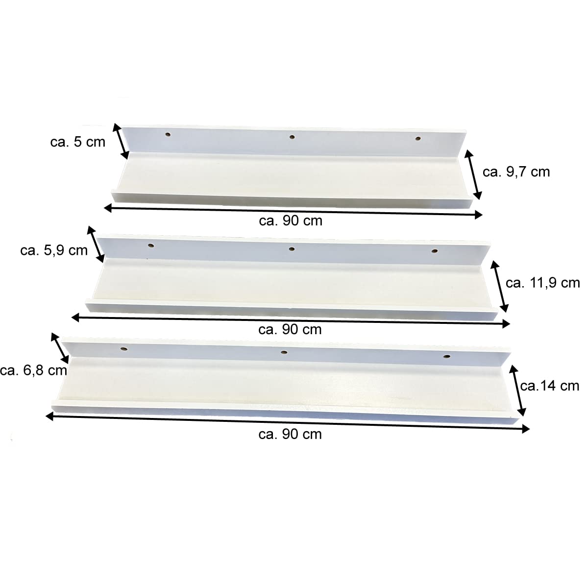 PrimoLiving 3er Set Wandregal Weiß - 90 cm Schweberegal Bilderleiste Set für Bilderrahmen Bücher Deko im Wohnzimmer Arbeitszimmer Badezimmer Küche Schlafzimmer P-14851