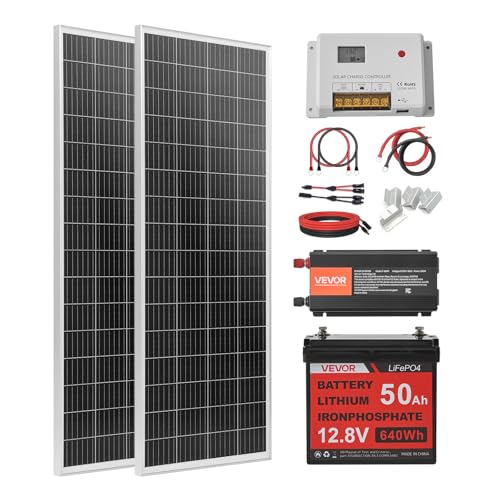 Image of VEVOR 200W 12V Complete Solar Power Kit, 2PCS 100W Monocrystalline Solar Panels + 12.8V 50Ah LiFePO₄ Battery + 40A Charge Controller + 800W Power Inverter, Ideal for RV Home Camping Boat Off-Grid