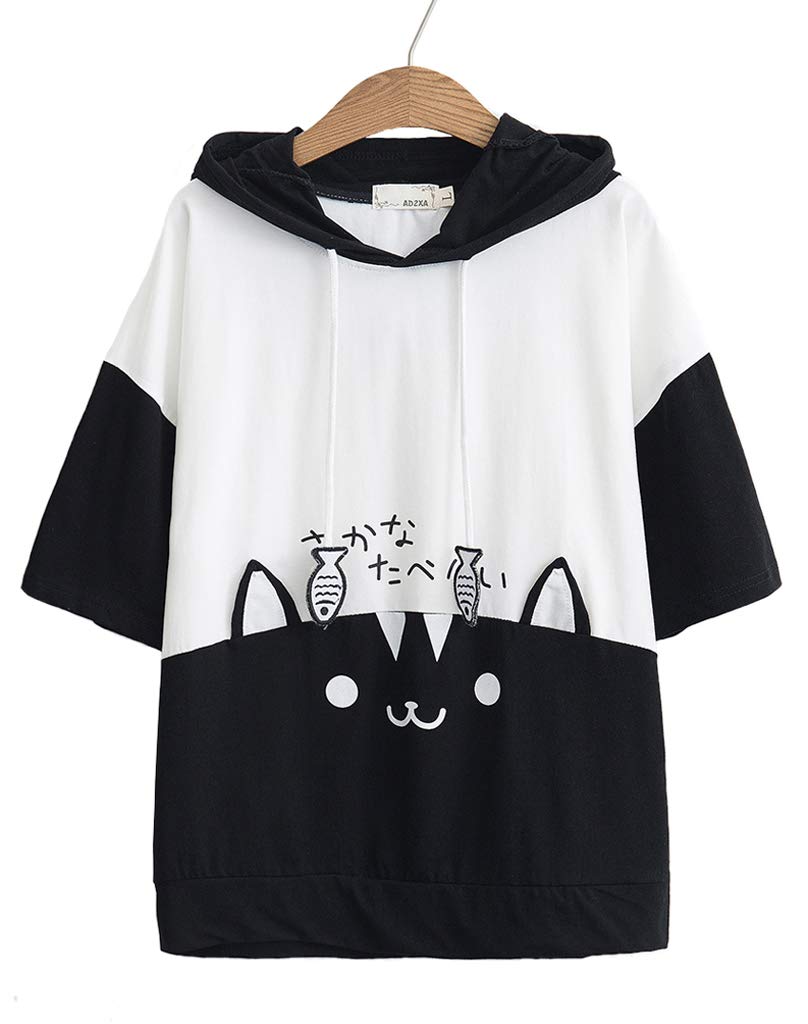 YunPengWomen Girl Hoodie T-Shirt Japanese Cartoon Cat Harajuku Short Sleeve Tops Tees