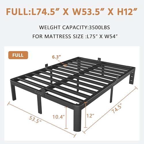 Image of Full Size Bed Frame 12 Inch, Black Metal Full Bed Frame No Box Spring Needed, DIY Headboard Holes, Heavy Duty Steel Support 3500 LBS, Noiseless, Round Corner Legs, Storage Space, Easy Assembly