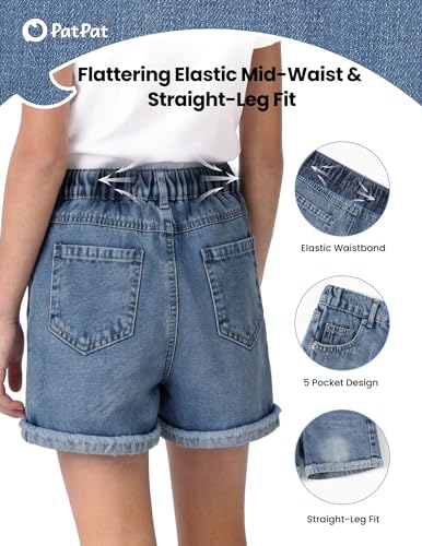 PATPAT Girls Jean Shorts 5-14Y, Cute Mid Waist Straight Leg Denim Shorts with Elastic Waistband & Frayed Cuffed Hem Blue 7-8Y — view 3