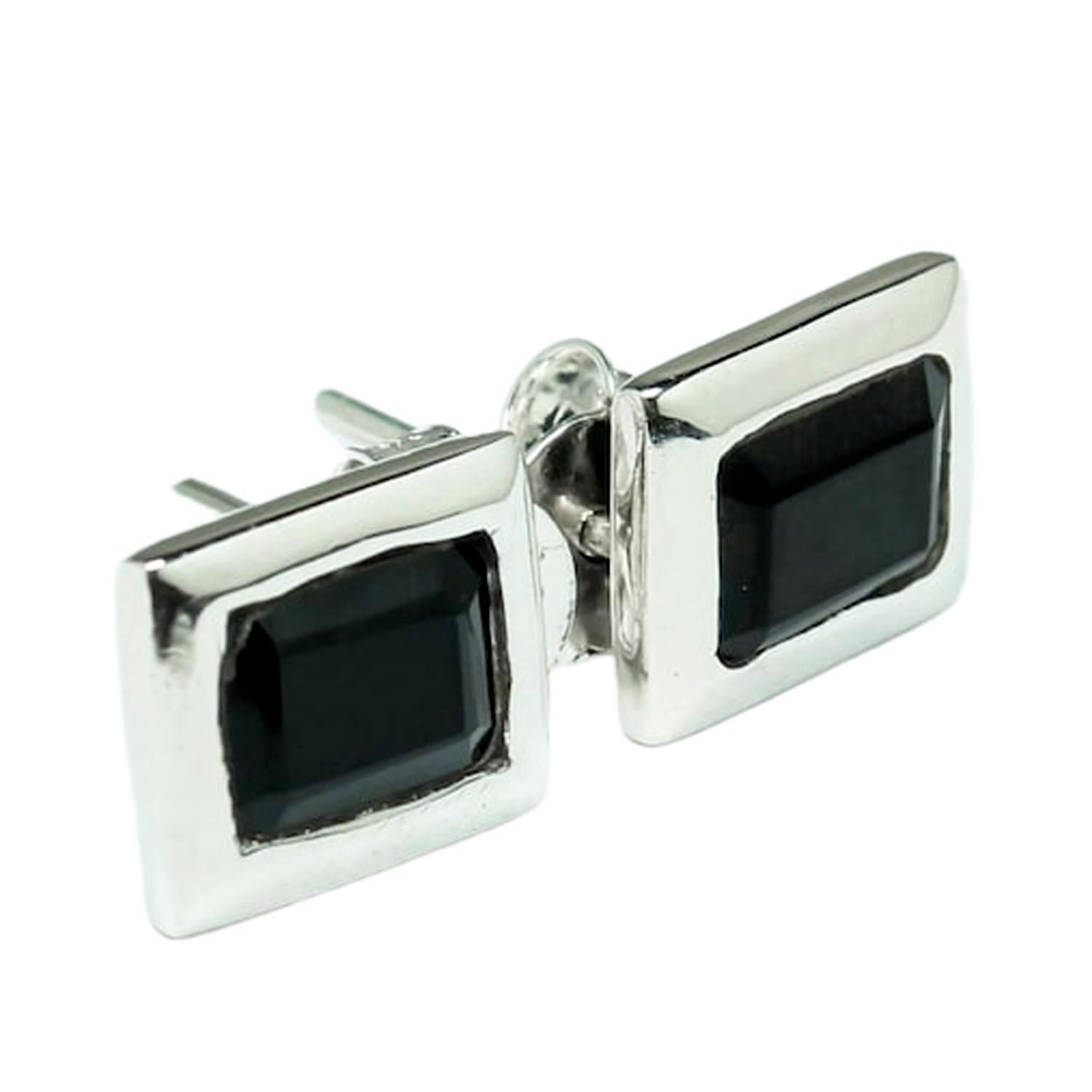 Boucle d'oreille onyx noir rectangulaire, puce argent 925 solitaire - 5