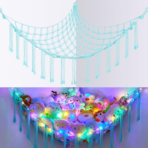 Basumee Stuffed Animals Net or Hammock with LED Light, Hanging Stuffed Animals Storage Toy Hammock Net Corner Wall Girls Room Decor Toy Storage Organizer, Light Aqua Green, L