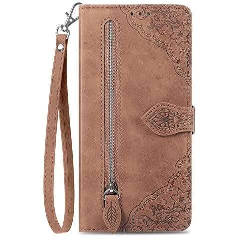 Unichthy For OPPO A94 5G Zipper Case 7 Card Slots with Strap Shockproof Leather Flip Wallet Handbag Zip Pocket Phone Cover Stand Magnetic Folio Shell for OPPO A94 5G Brown Cover