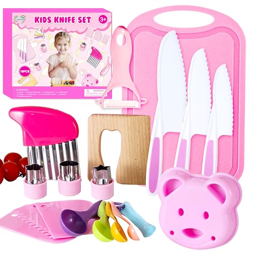 29 Pieces Kitchen Tools-Kids Cooking Sets Real-Toddler Knife Set for Real Cooking, Montessori Toys for 3+,Toddler Utensils with Safe Knives Crinkle Cutter Cutting Board