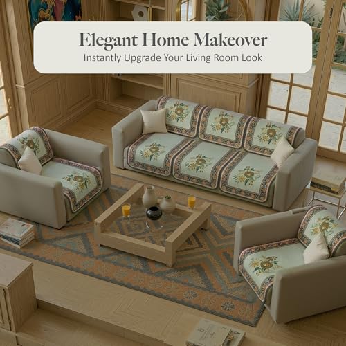 Image of Kuber Industries 5 Seater Sofa Cover | Slipcover for Living Room | Thick & Cozy | Non-Slip Comfort Sofa Cover Set | Paradise 1137 Number - Olive Green