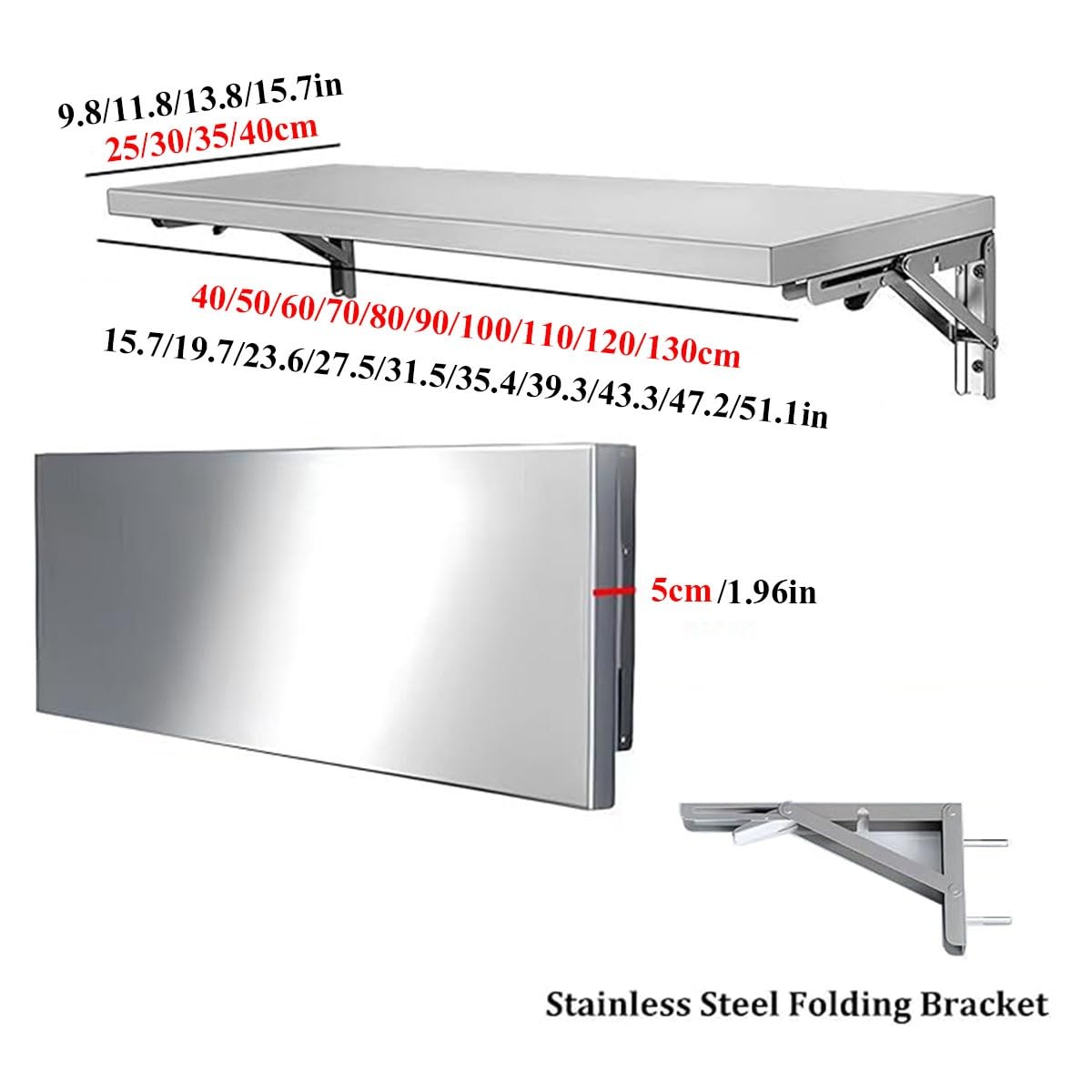 Tavolo Pieghevole da Parete in Acciaio Inox 304, scrivania Galleggiante per Laptop, scrivania Pieghevole da Parete per Tavolo da Cucina, Lavanderia, Ristorante (80 * 30 cm)