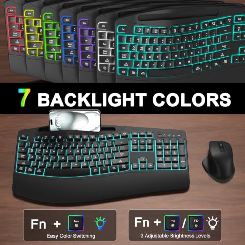 Wireless Ergonomic Keyboard and Mouse Combo, 7-Color Backlit Wave Keys - image 3