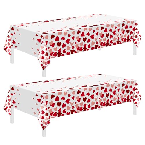 Childom 2 Pcs Valentines Day Tablecloths for Valentines Day Decorations,54" x 108" Disposable Plastic Tablecloths,Rectangle Red Heart Table Cover for Party Decorations Mothers Day Anniversary Birthday