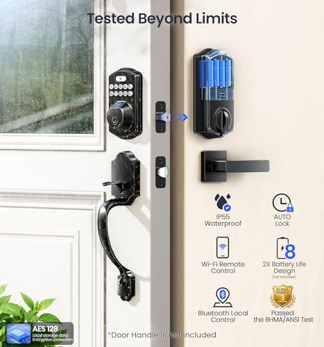 Veise VE012W Built-in WiFi Fingerprint Smart Lock, App Remote Control, No Hub Needed, Keyless Entry, Front Door Smart Deadbolt, Digital Keypad, Auto Lock, IP55 Waterproof, BHMA Grade 3, Matte Black thumbnail 5