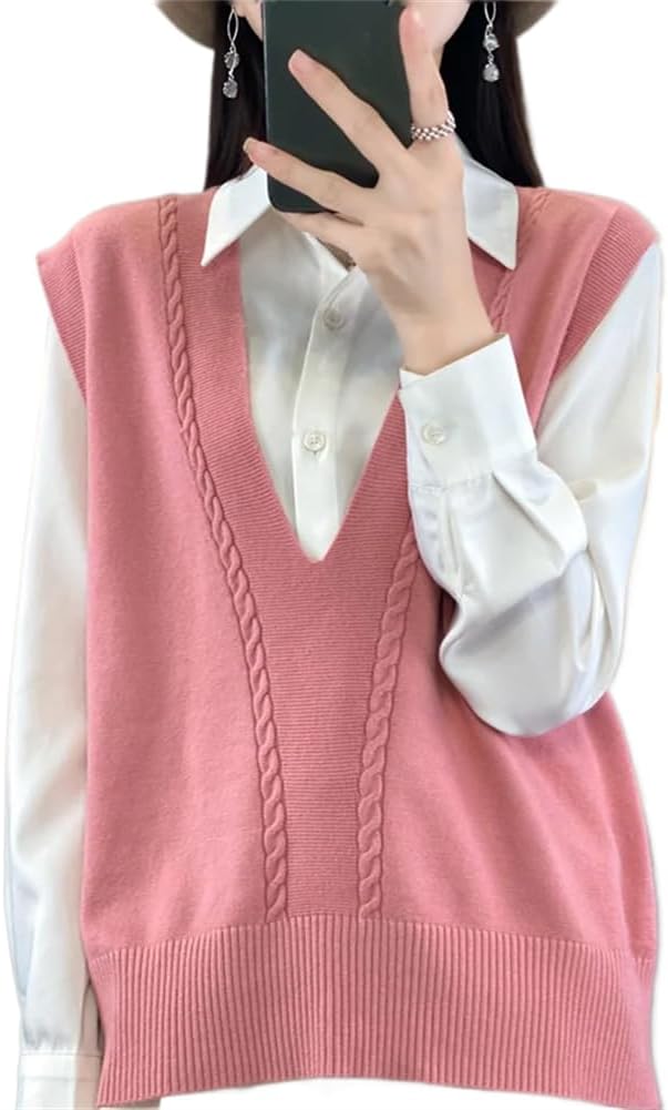 LIXINGHEITANG Autumn Winter Vest Ladies Knitted Cashmere Sweater Women Sleeveless V-neck Pullover Female Loose