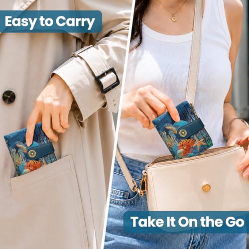 Image of Small Wallet for Women, RFID Blocking Bifold Card Holder Wallet with 10 Card Slots, Cash Compartment, Zipper Coin Pocket & ID Window, Cute Soft Vegan Leather Compact Wallet, Turtle