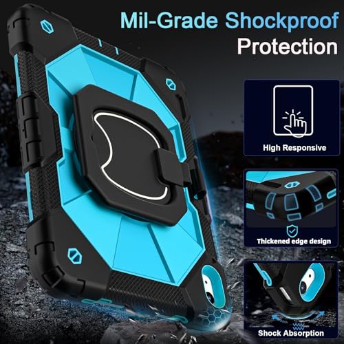 Image of Auizotl Case for iPad (A16)11th /10th Generation 11 /10.9 Inch 2025 /2022 with Screen Protector Rotating Stand Shoulder Strap Pencil Holder,Military Grade Shockproof iPad Case 10th Generation,Black Blue