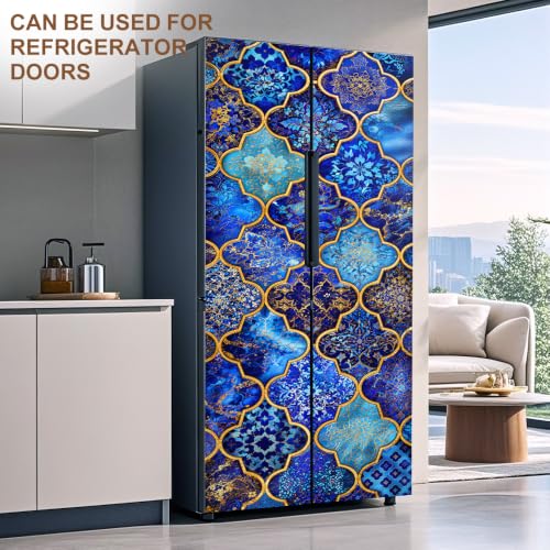 Image of Moroccan Tile Door Sticker, Blue Gold Door Cover, 30.3x78.7in