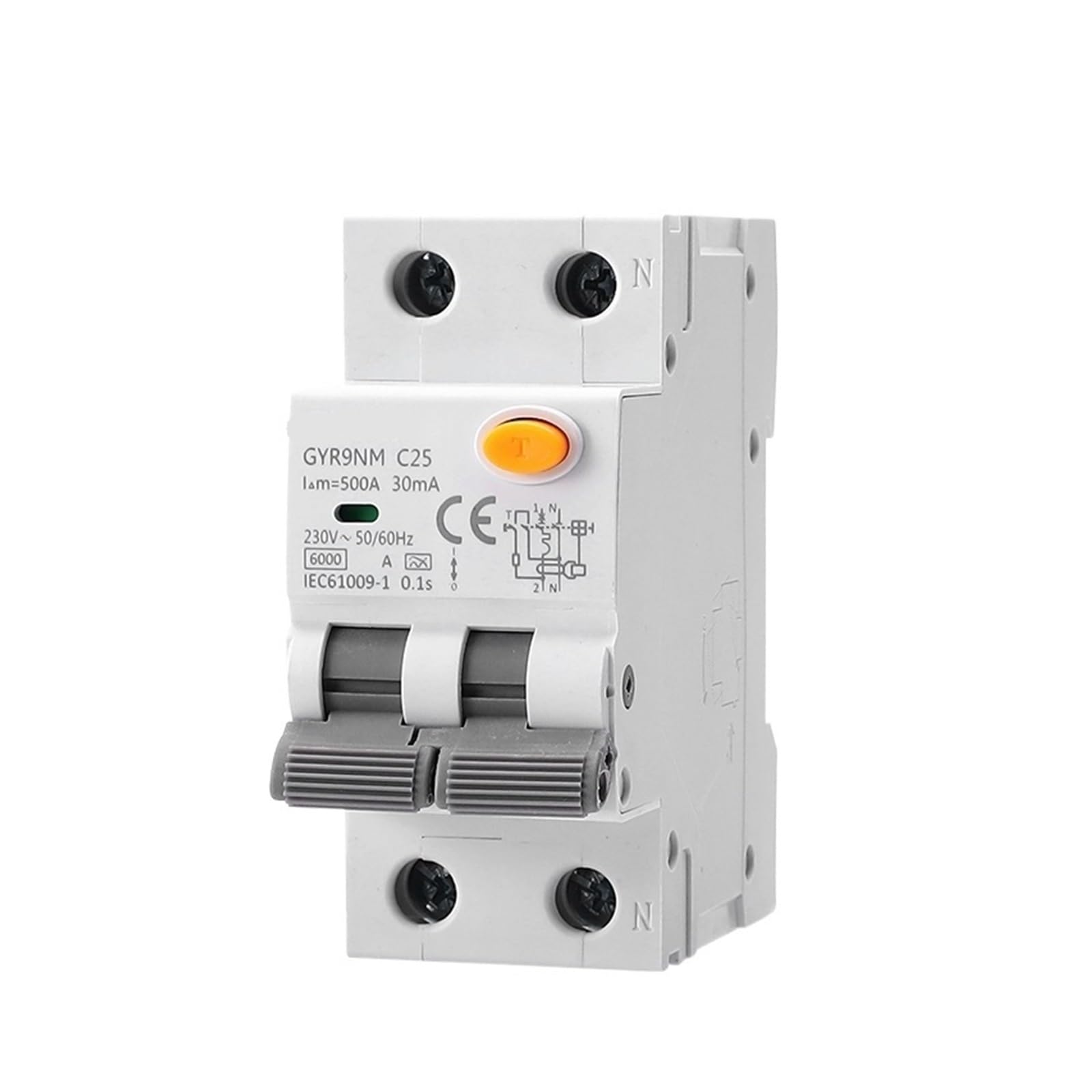 Disjoncteur RCBO 4P 16A 30mA avec protection contre surintensité et court-circuit GYR9NM