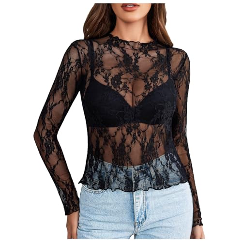 Camiseta Encaje Mujer Blusa de Encaje Elegante de Manga Larga Top de Malla para Mujer Cuello Redondo Cómodo Suave Blusa Negra Transparente de Malla