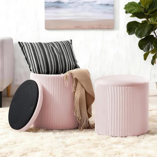 Canpsky Set of 2 Round Storage Ottomans Velvet Footstool Pouf with Lid - Multi-Use Vanity Stool for Bedroom or Coffee Table/Footrest for Living RoomPink