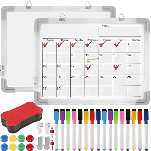 Magnetic Whiteboard for Wall Small Monthly Calendar Dry Erase Whiteboard Hanging Double-Sided White Board with 16 Pens 8 Magnetic Clips Eraser Portable Monthly Planner Board for Home 12x16inch