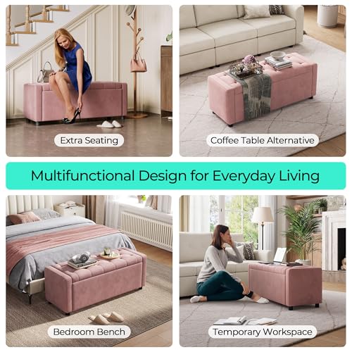 LINSY 49" Velvet Ottoman with Storage, Upholstered End of Bed Storage Bench, Large Ottoman Foot Rest for Living Room, Bedroom, Entryway, Hallway, Apartment, Pink by LINSY - Used condition - Image 5