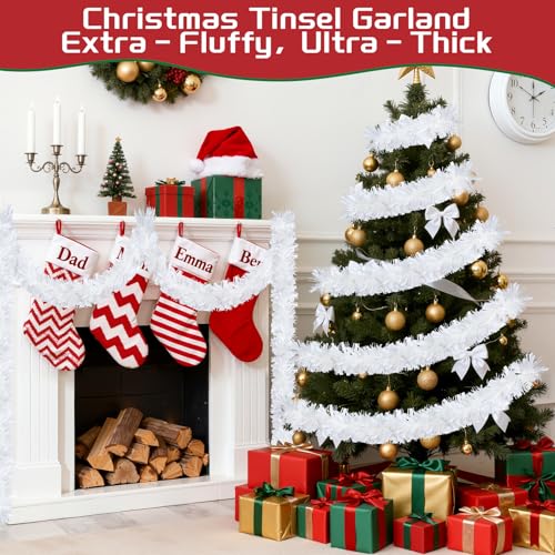 Image of 50FT White Christmas Tinsel Garland, Metallic Tinsel Glitter Twist Garlands Hanging Streamers, Xmas Tree Garland Decorations