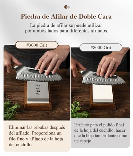 Miniatura 4 de Hezhen Piedra De Afilar Grande De Corindón Blanco, Grano 3000 8000 Doble Cara Afilador De Cuchillos Profesional, Con Base Antideslizante De Madera, Guía De Ángulo Y Piedra De Aplanamiento