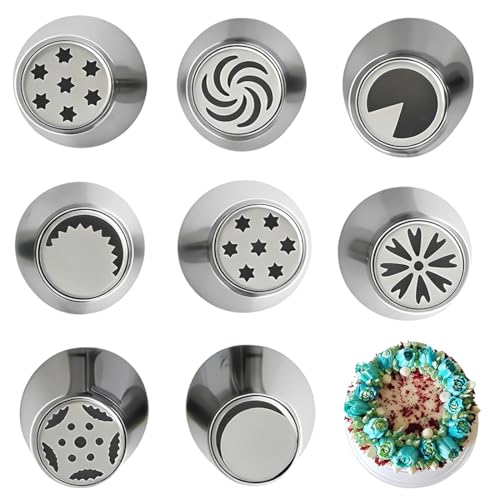 KRFWGUU 8 Pièces Douille Patisserie Professionnel,Kit Patisserie Accessoire Douille Fleur, Douilles Pâtisserie En Acier Inoxydable Réutilisable,Grande Douille...