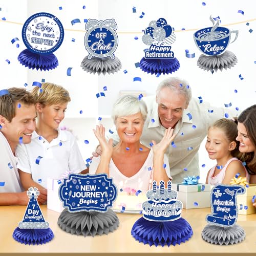 Image of 8Pcs Blue Retirement Decorations Navy Blue Silver Happy Retirement Table Honeycomb Centerpieces Farewell Table Topper Decor for Men Women Office Going Away Photo Booth Props Labor Day Party Supplies