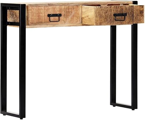 Miniatura 4 de vidaXL Mesa de salón de estilo industrial, mesa de madera maciza de mango con cajones de almacenamiento, decoración artesanal, robusta y duradera